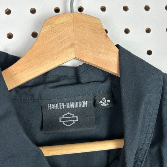 Harley Davidson XL Black Chore Shirt Long Sleeve‎ Motorcycle Biker Button Snap - Picture 7 of 8